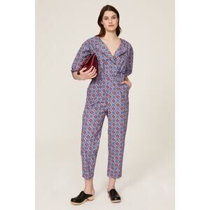 Rachel Comey Holt Geometric Print Purple Blue Puff Sleeve Ankle Jumpsuit Size 4